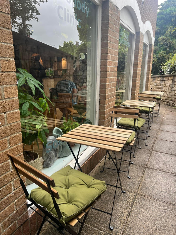 Zen Rebel Studios outdoor cafe whilst you wait for cognitive hypnotherapy, Midsomer Norton wirth Back in Tune Coaching, Michelle Falcon